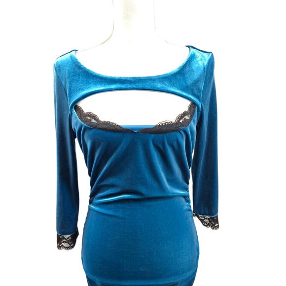 Vintage Frederick's Of Hollywood Bodycon Dress Peacock Blue Stretch Velvet Lace - Picture 4 of 11